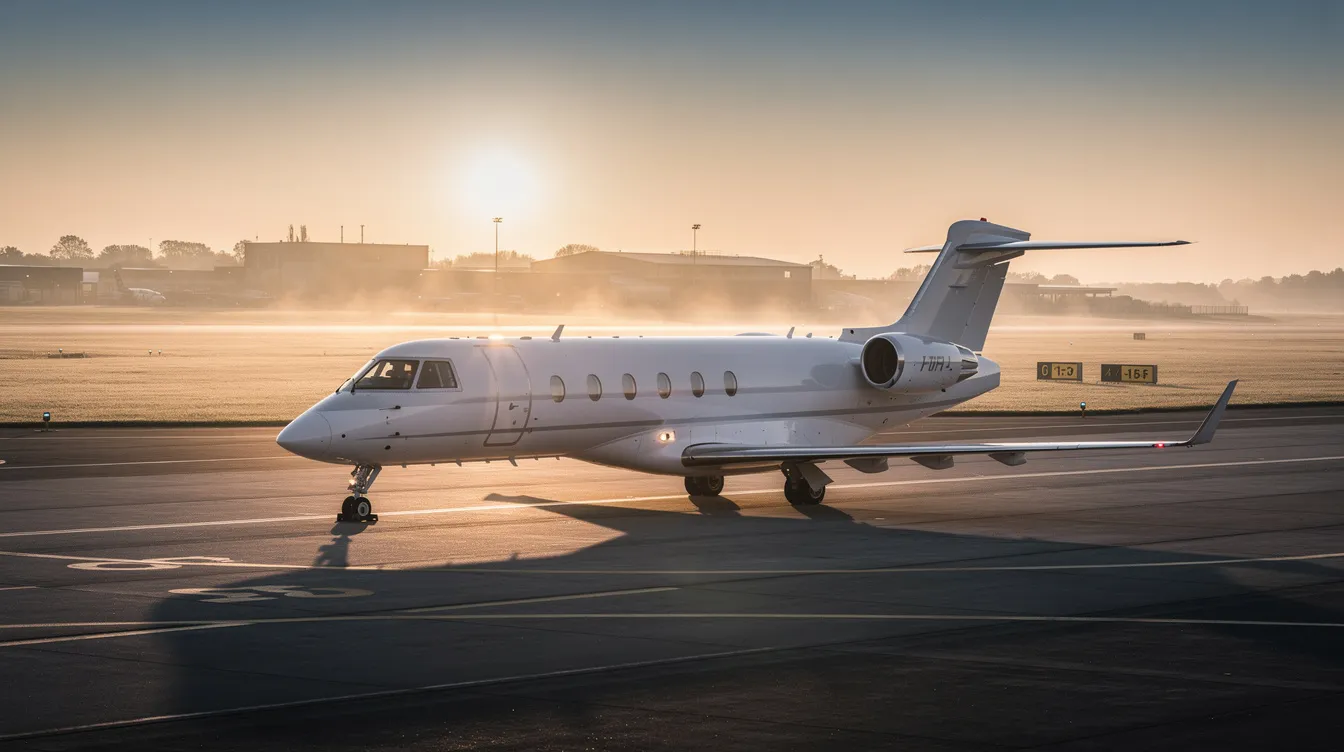 A private jet is parked near a quiet runway at sunrise, bathed in soft golden light, showcasing the luxury and exclusivity of private aviation. This serene setting highlights the appeal of jetoptions private jets for travelers seeking a dependable and exceptional flying experience.