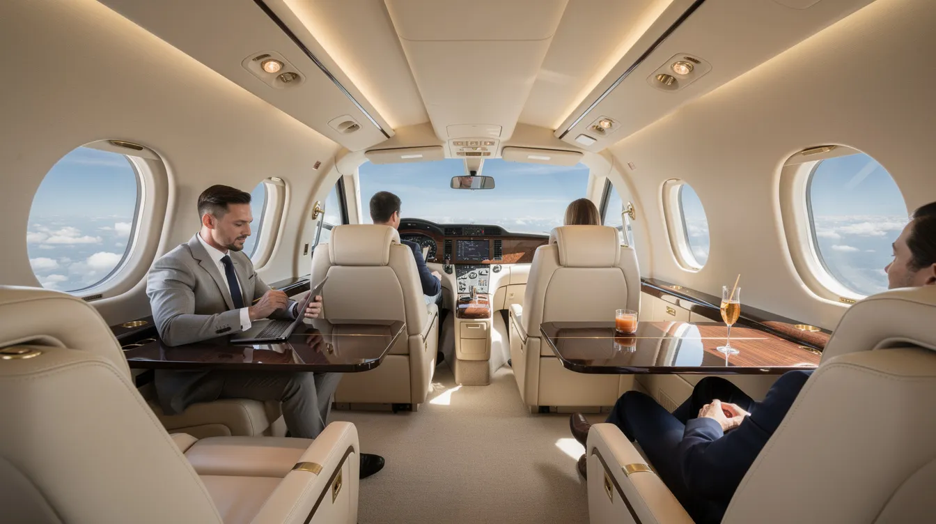 The image depicts a luxurious private jet from the Flexjet fleet, showcasing its refined interiors and art deco detailing, designed to provide a superior onboard experience for aircraft owners. Guests are seen enjoying curated hospitality, embodying the effortless elegance and complete comfort that defines the private aviation industry.
