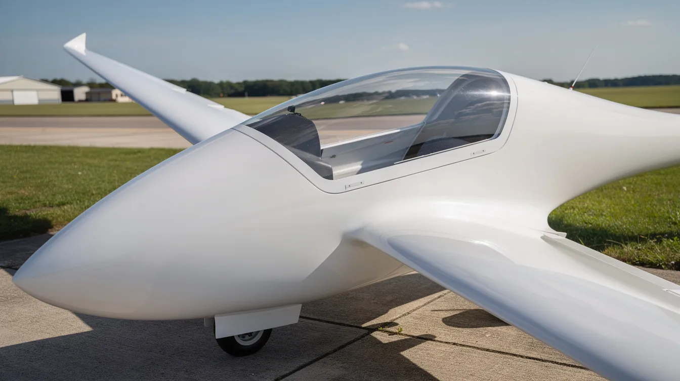 The image features a composite cockpit and wing of a sleek sailplane, showcasing its aerodynamic design on an airfield. This aircraft is engineered for optimal performance and speed, highlighting its advanced development in aviation technology.