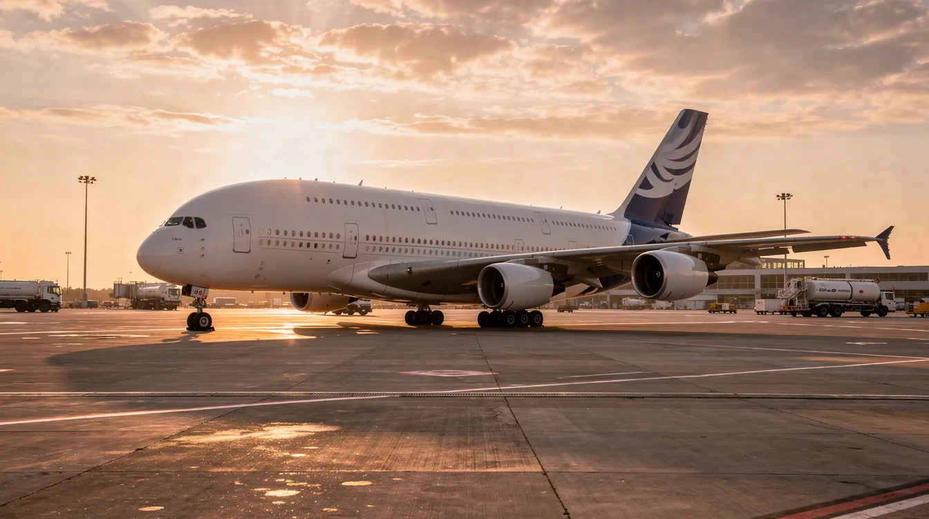A large Airbus A380, the world's largest passenger plane, is parked on a wide airport apron during sunset, showcasing its impressive double-deck design. The aircraft, known for its spacious cabins and quietest cabin experience, stands ready for its next flight to key destination airports.