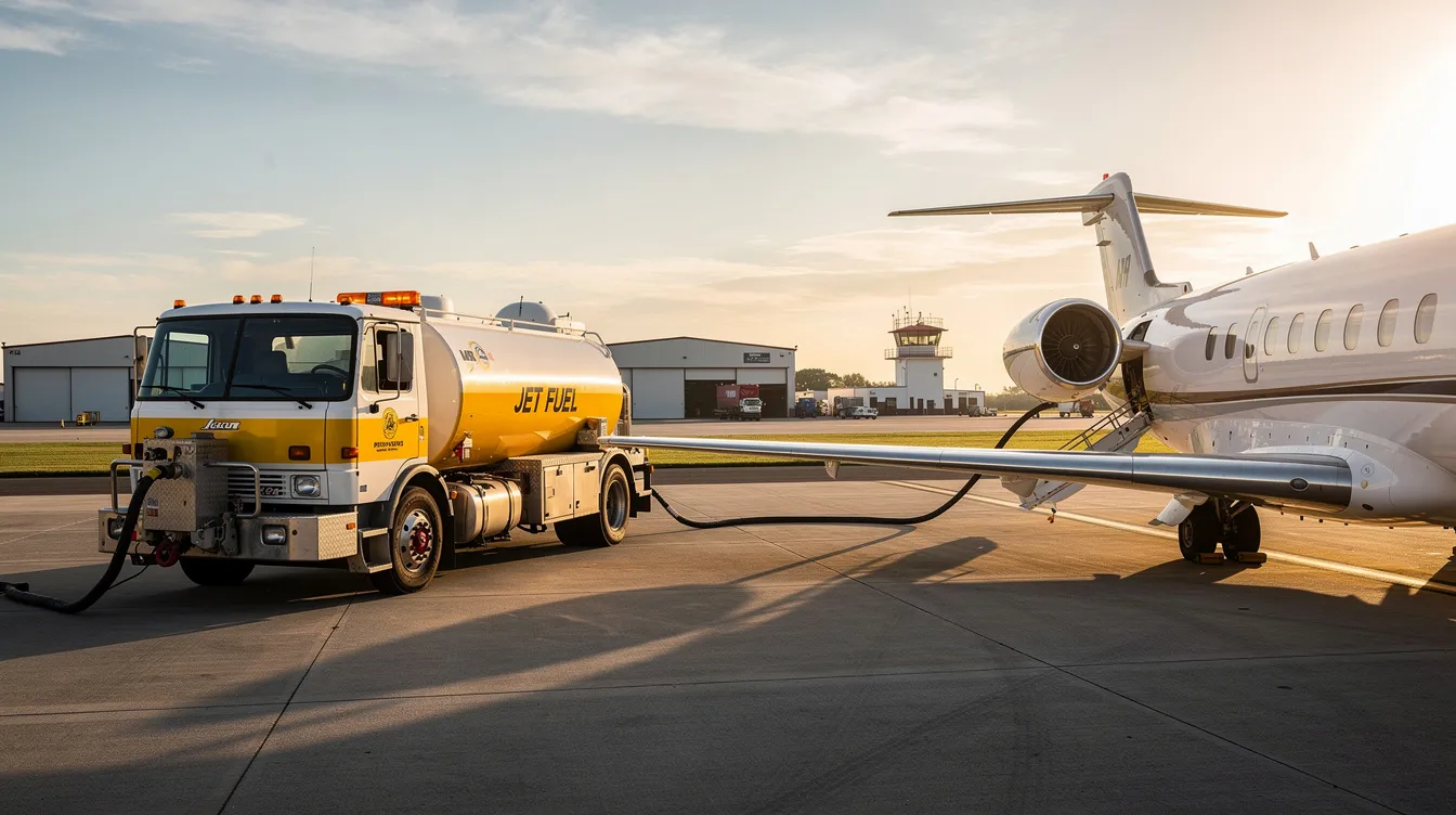 A fuel truck is parked beside an aircraft at a small airport, ready to supply conventional jet fuel or sustainable aviation fuel to power the plane for its flight. The scene highlights the essential services that support air transportation and the ongoing development of alternative fuels in the aviation industry.
