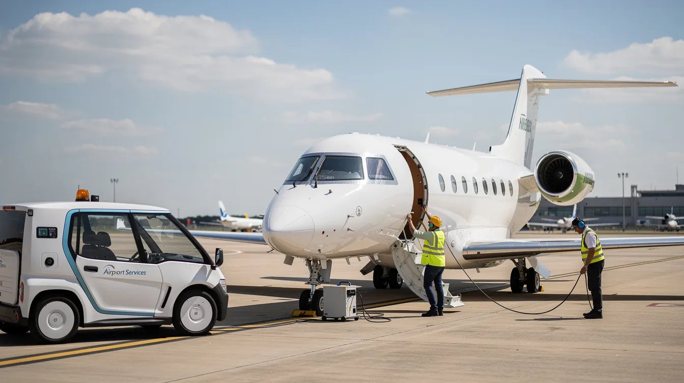 A modern private jet is being prepared for departure by a ground crew, while an electric airport vehicle is parked nearby, showcasing the efficiency of the world's leading private jet company. This scene reflects the high standards of service and operation within the business aviation division, emphasizing the commitment to providing dream journeys for passengers.