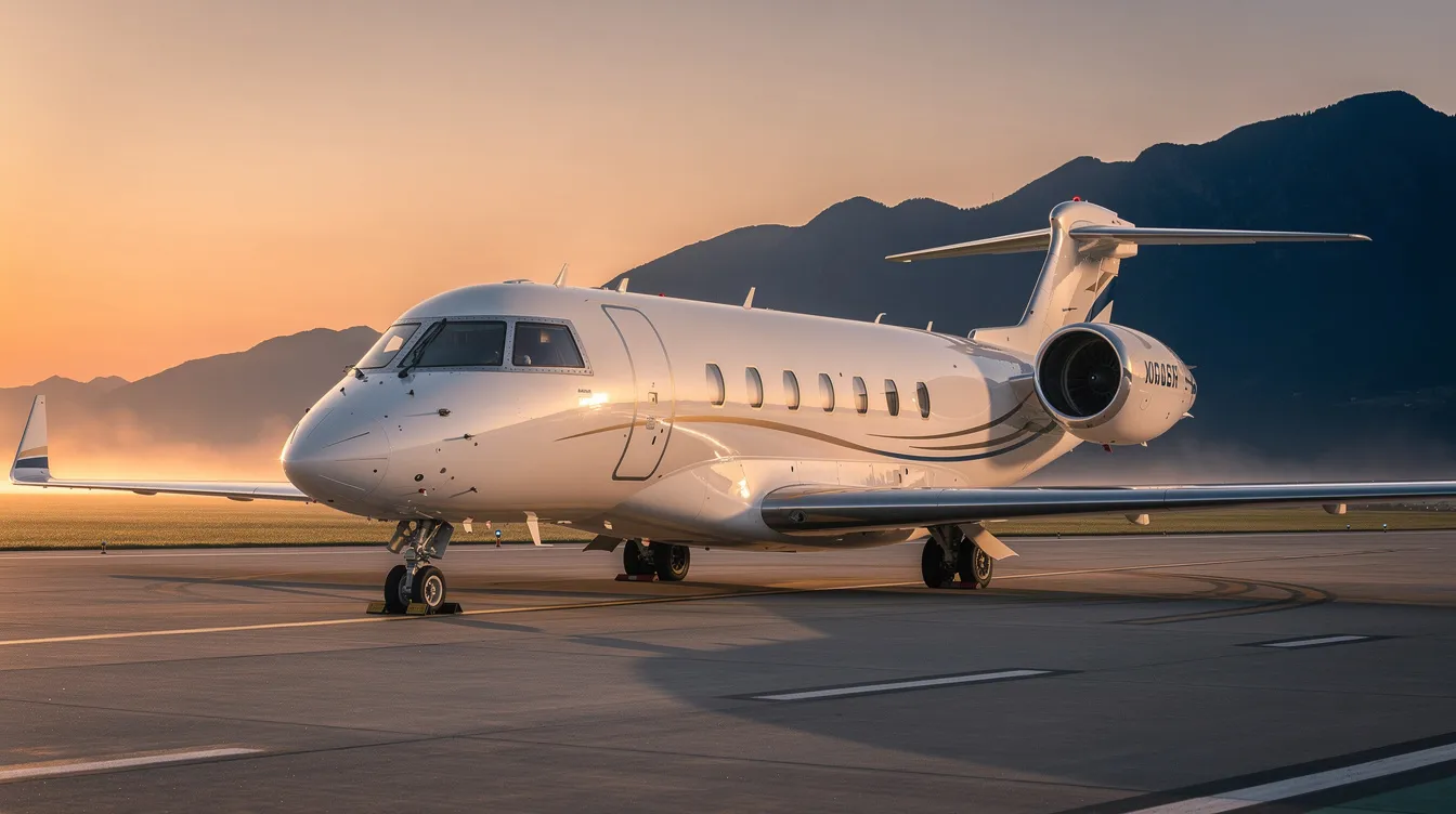 A sleek private jet is parked on a quiet runway at sunrise, with majestic mountains visible in the distance. This scene captures the essence of luxury travel, highlighting the elegance of business aviation and the promise of dream journeys with a leading private jet company.