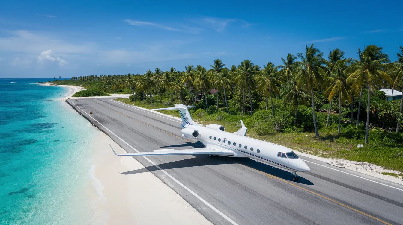 A sleek private jet is positioned near a tropical island runway, surrounded by clear turquoise waters and lush palm trees, embodying the luxury and style associated with the world's leading private jet company. This picturesque scene highlights the dream journeys offered by private jet charter services, perfect for executives and travelers seeking unique experiences.