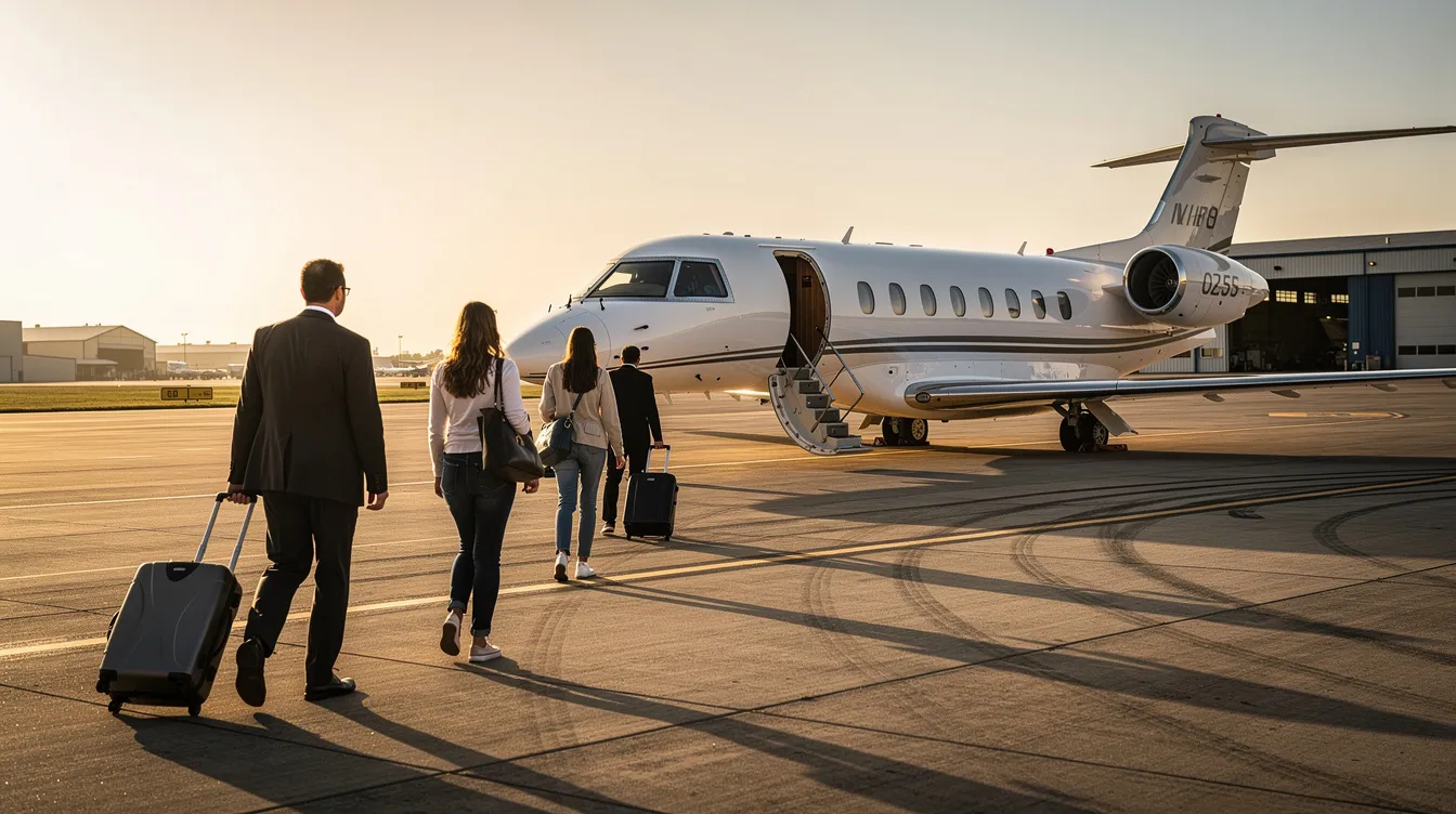 A group of travelers is walking toward a small business jet parked on the ramp, ready for their private flight. This scene highlights the convenience and luxury of flying private, as they prepare for their journey to a destination of choice.