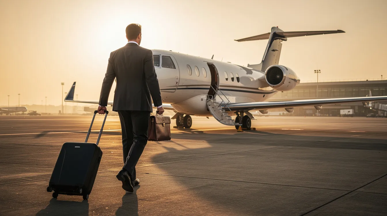 A business traveler is walking toward a HondaJet, specifically the HondaJet Elite II, parked on an airport ramp. The small jet, known for its advanced performance and fuel efficiency, is ready for takeoff, showcasing its sleek design and composite fuselage.