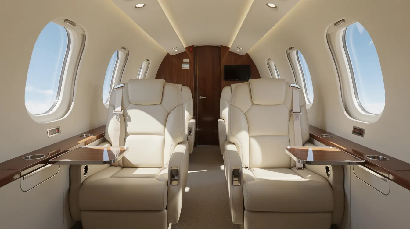 The image depicts the interior of a small private jet cabin, showcasing luxurious leather seats arranged for comfort, with natural daylight streaming through oval windows. This elegant cabin space is characteristic of the HondaJet, known for its advanced performance and fuel efficiency, making it a popular choice among private jet operators.
