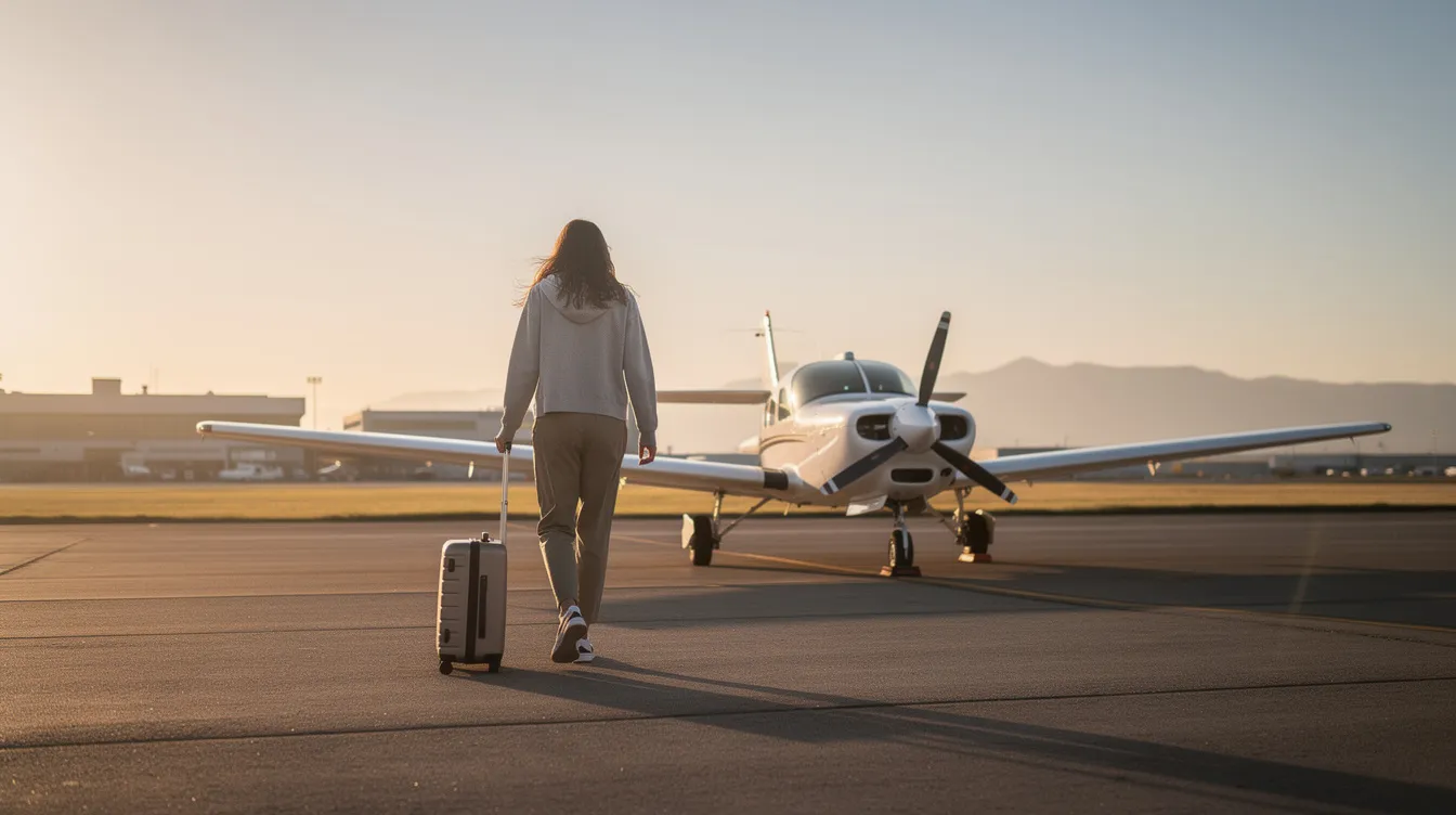 A passenger is walking toward a small aircraft on a quiet runway, ready for their trip. This scene evokes the excitement of travel, where travelers can find great deals on flights and save money on their next adventure.
