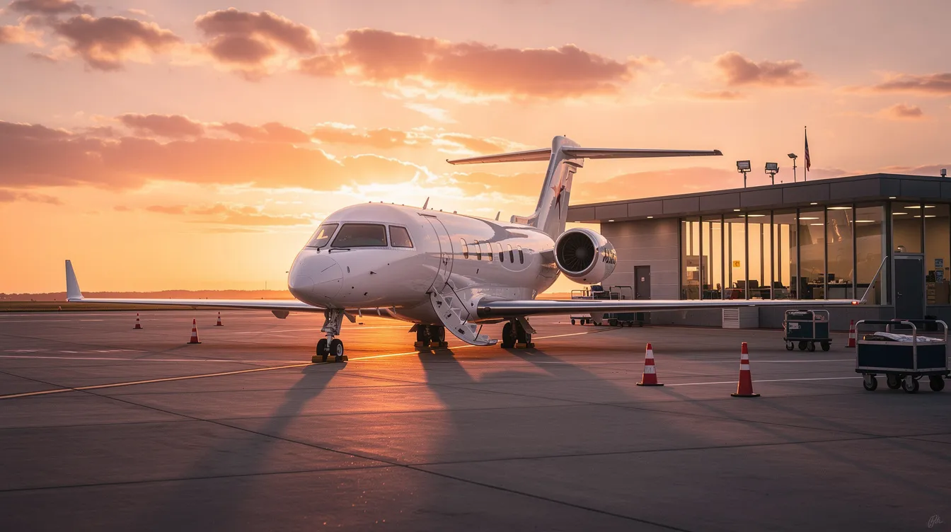 A private jet is parked beside a small terminal, bathed in the warm hues of a sunset. This serene scene captures the essence of luxury travel, perfect for those looking for private low fares and great deals on flights.
