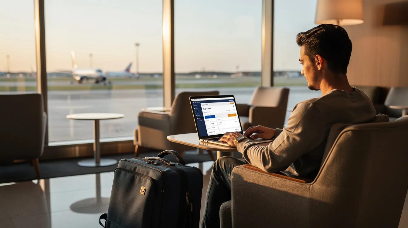 A traveler is seated in an airport lounge, focused on their laptop screen as they check flight details and search for great deals on tickets using Google Flights. The scene captures the essence of planning a trip, highlighting the importance of finding cheap flights and low fares to save money on their upcoming journey.