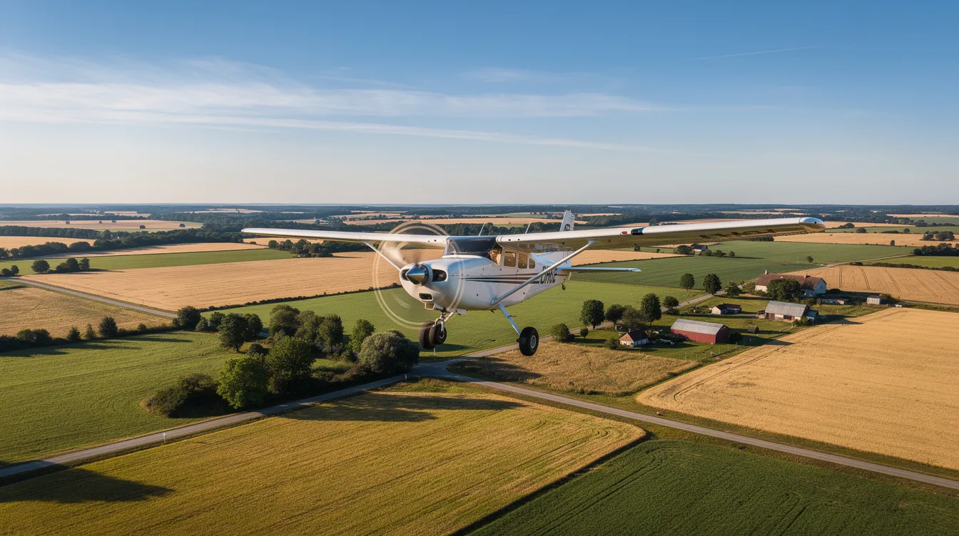 A small aircraft, resembling a Cessna 172, is soaring above rural terrain on a clear day, showcasing its flight performance and fuel efficiency. The scene captures the aircraft in flight, emphasizing its ability to cover long distances with effective flight planning and optimal fuel consumption.