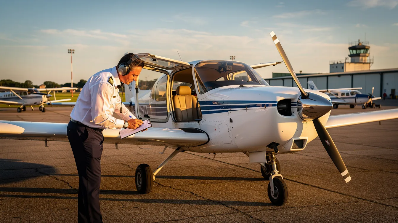 A pilot is inspecting a small aircraft, likely a Cessna 172, during a preflight check, focusing on the aircraft's performance metrics such as fuel capacity and weight to ensure safe flying conditions. The pilot is assessing the aircraft's readiness for flight, considering factors like fuel consumption and weather conditions for effective flight planning.