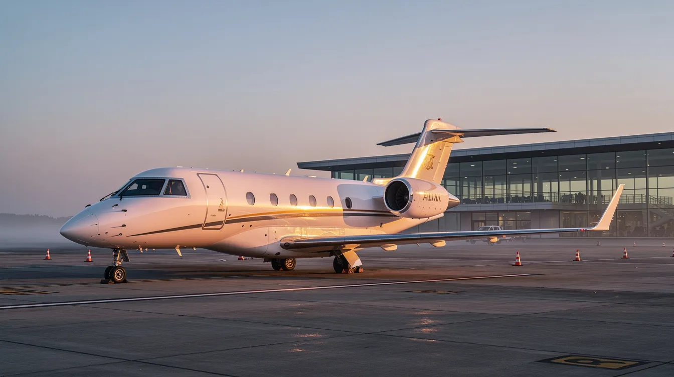 A small private jet, designed for personal use, is parked near a modern terminal at sunrise, showcasing its sleek design and advanced features. The aircraft, a single engine model, is ready for flight, highlighting its performance and versatility in the aviation category.