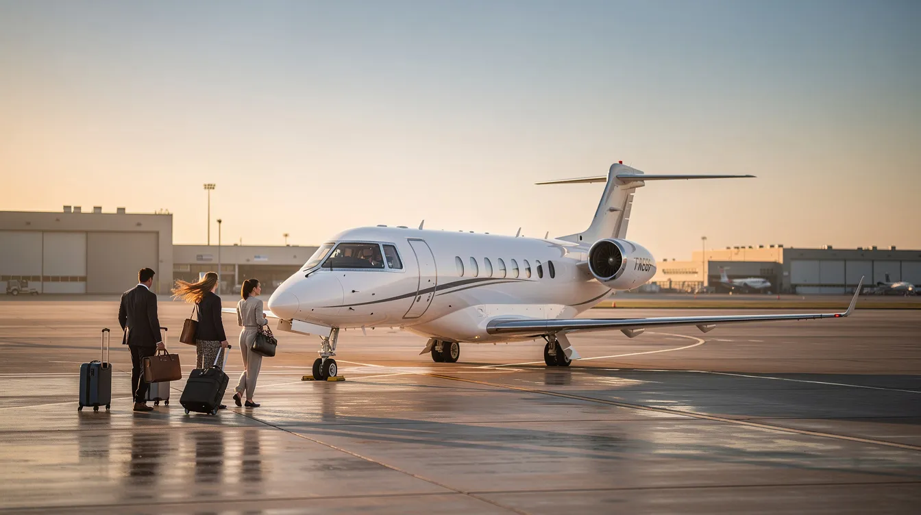 A group of passengers walks toward a small private aircraft on a calm airport ramp, highlighting the allure of private jet travel and the convenience of flying private for business travelers. The scene captures the essence of private aviation, showcasing the personalized service and direct access that comes with charter flights.