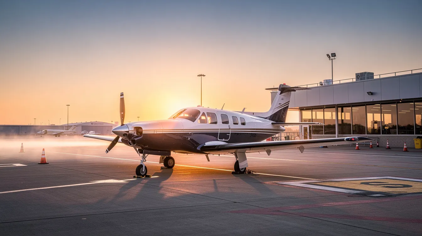 A small private aircraft is parked near a quiet terminal, bathed in the warm glow of sunrise. This serene scene highlights the appeal of private jet travel, offering business travelers a peaceful alternative to commercial flights at smaller regional airports.