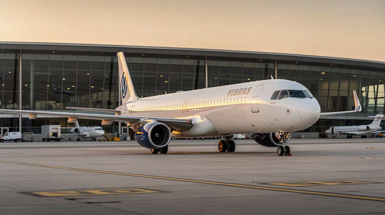 An Airbus-style passenger jet is parked at a private aviation ramp adjacent to a modern terminal, ready for charter flights. This spacious cabin aircraft is ideal for business trips and leisure travel, providing a luxurious flying private experience.
