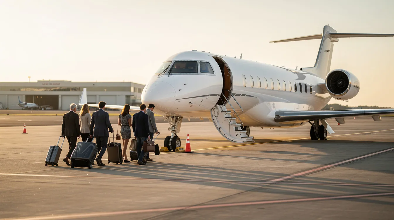 Passengers are boarding a large private charter aircraft from a quiet ramp area, ready for their journey on a midsize jet that offers a spacious cabin and luxury amenities. This private jet charter provides a comfortable alternative to commercial air travel, catering to business trips and leisure travel alike.