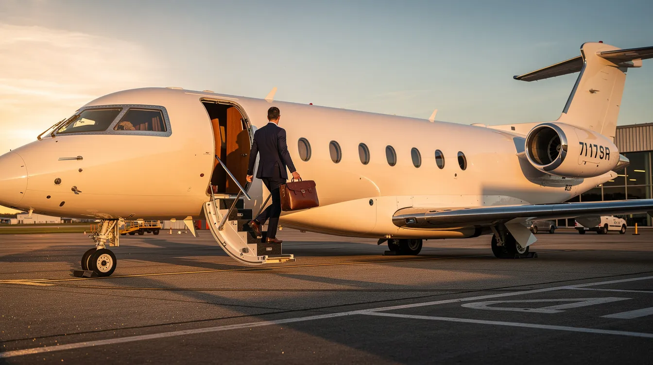 A business traveler is seen boarding a private jet at a small airport, with the aircraft parked on the runway, ready for departure. The scene captures the essence of luxury travel, highlighting the convenience of private planes for corporate journeys.