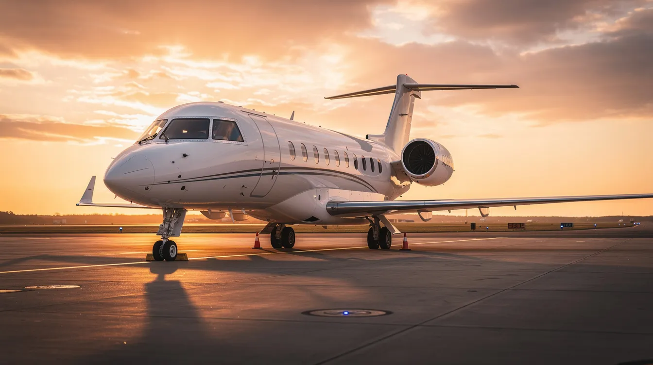 A private jet is parked near a runway at sunset, casting a warm glow over the aircraft's sleek design. The scene captures the tranquil atmosphere of the airport as the day transitions into night.