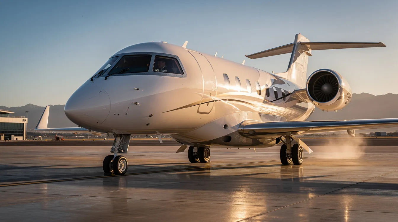 The image depicts a sleek private jet, designed for luxury and comfort, featuring a spacious cabin ideal for business or leisure trips. This aircraft, perfect for private aviation enthusiasts, showcases the elegance of flying private with personalized service and access to smaller airports.