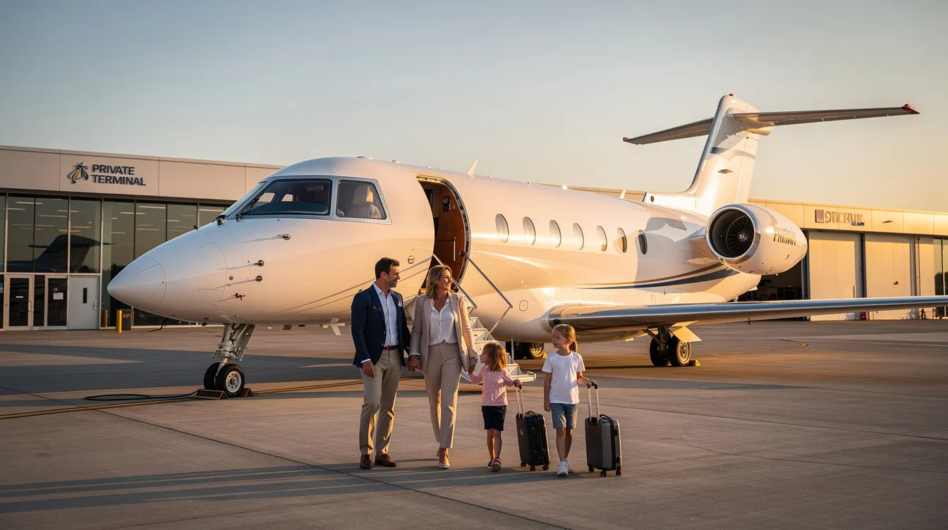 A family is seen boarding a private jet at a quiet private terminal, ready for their business or leisure trip. The spacious cabin of this Boeing business jet promises a comfortable and luxurious travel experience, away from the crowds of commercial airlines.