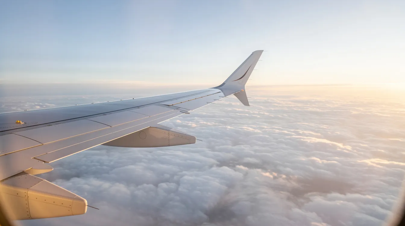 The image depicts the wing of a private jet soaring above a serene blanket of clouds, symbolizing the luxurious experience of private jet travel. This scene captures the essence of flying private, showcasing the calm and exclusive atmosphere of a charter flight.