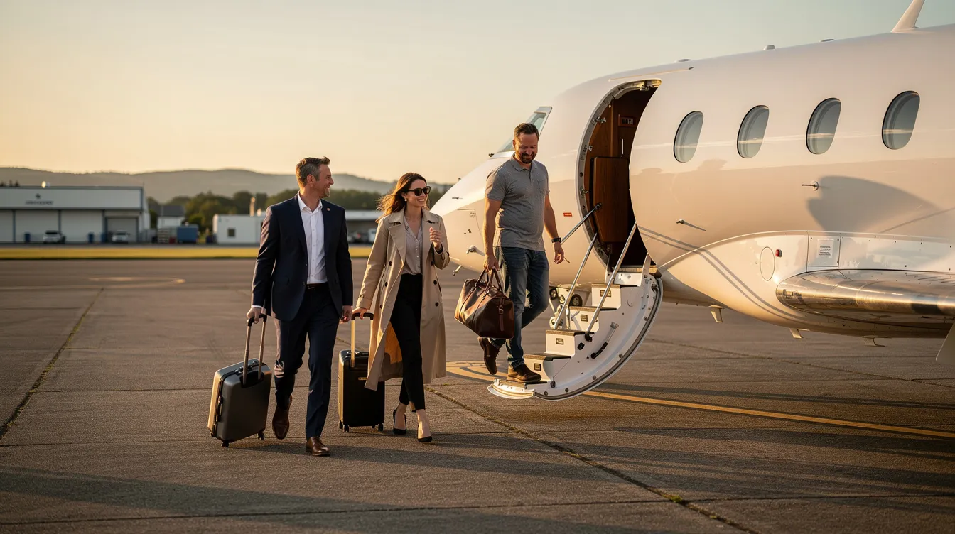 A small group of passengers is boarding a private jet at a quiet airport, ready to embark on their journey. The scene captures the ease of private jet travel, highlighting the convenience and comfort of private charter flights away from crowded terminals.
