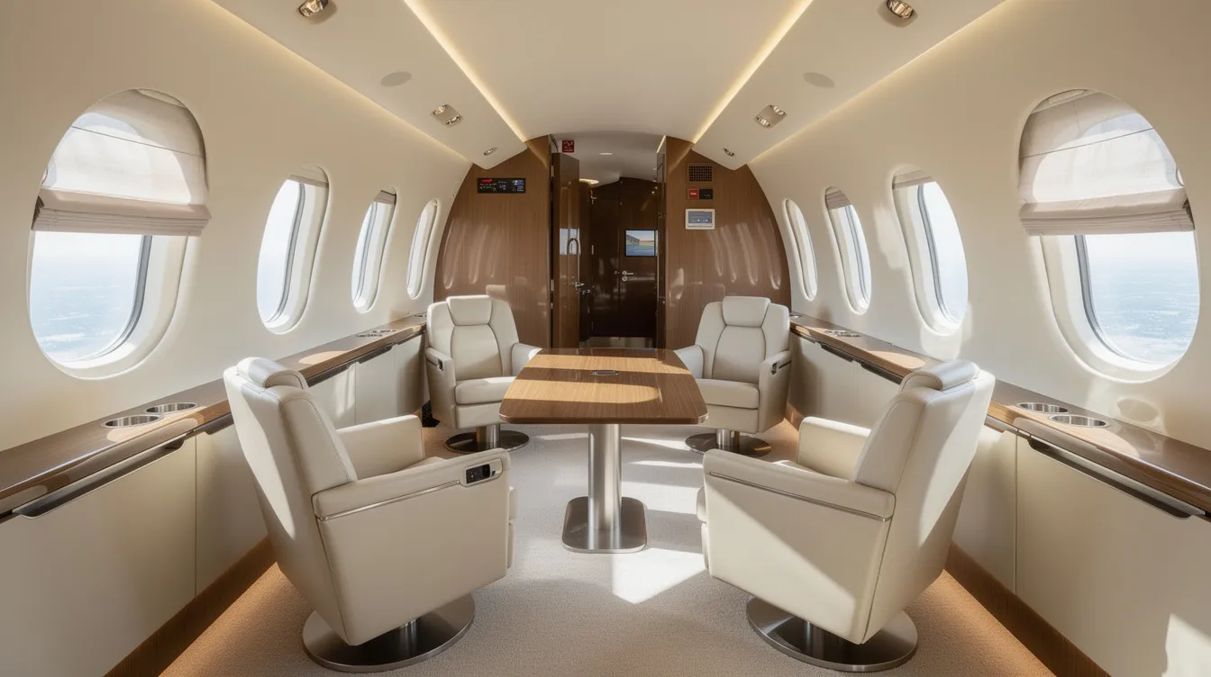 The image depicts a bright and spacious private jet cabin, featuring large oval windows that allow ample natural light and club seating arranged for comfort and social interaction. This luxurious interior is characteristic of the Gulfstream G650, known for its long range and enhanced vision system, making it ideal for business aviation.