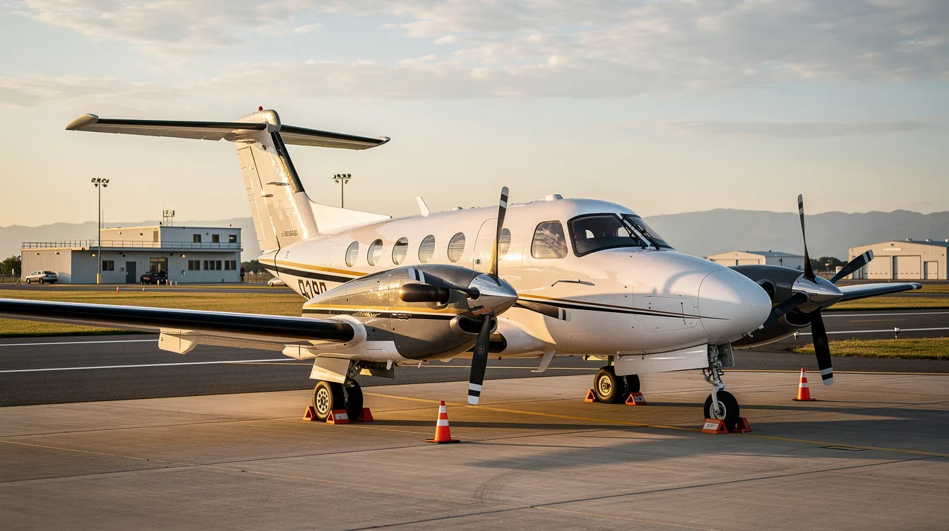 A Beechcraft King Air 350 turboprop aircraft is parked beside a small regional runway, showcasing its twin engines and T-tail design. This versatile aircraft, capable of accommodating up to nine passengers, is often used for special mission operations, air ambulance services, and surveillance missions.