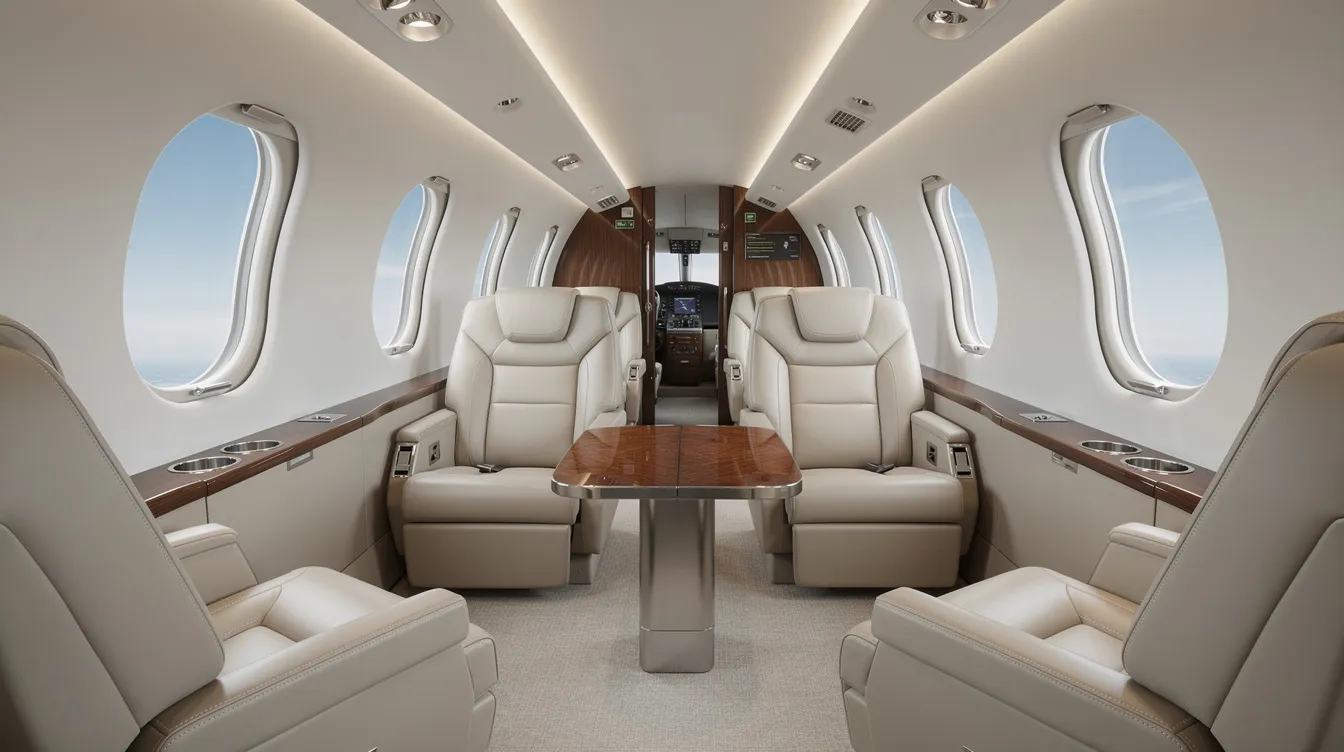 The image depicts the luxurious interior of a private turboprop cabin, featuring club seating designed for up to nine passengers and large windows that enhance passenger comfort. This cabin, part of the Beechcraft King Air series, is ideal for special mission operations and air ambulance services, providing a spacious environment for flight.