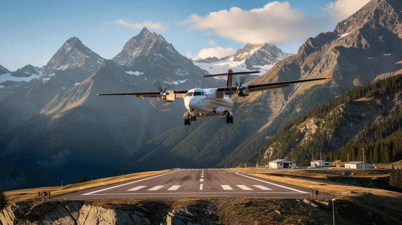 A Beechcraft King Air 350 turboprop aircraft is approaching a mountain runway, showcasing its twin-engine design and T-tail configuration. The aircraft is equipped for various missions, including air ambulance and special operations, and can accommodate up to nine passengers with a focus on comfort and performance.