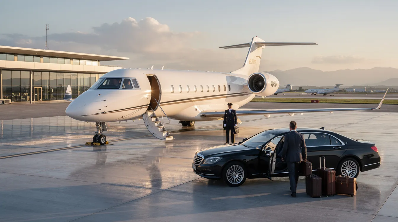 An elegant business jet from Gulfstream Aerospace Corporation is showcased in a sleek hangar, highlighting its spacious cabin and advanced flight deck designed for maximum efficiency and comfort. The aircraft represents the pinnacle of private aviation technology, emphasizing the luxurious experience of flying with Gulfstream.