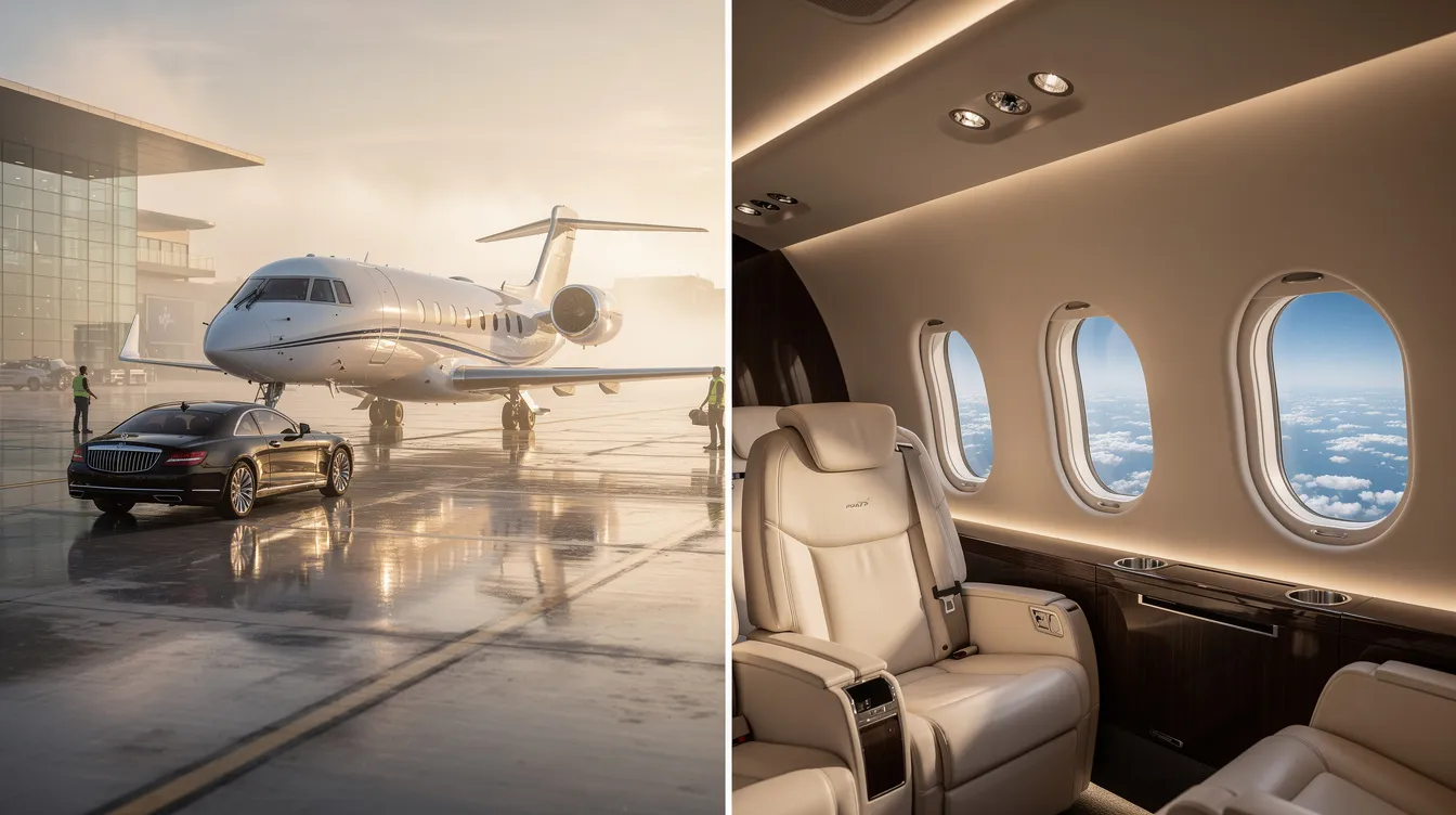 The image depicts a sleek Gulfstream business jet, showcasing its modern design and spacious cabin that emphasizes comfort and efficiency for business aviation. The aircraft is equipped with next-generation technology, highlighting Gulfstream Aerospace Corporation's commitment to safety and performance in the industry.