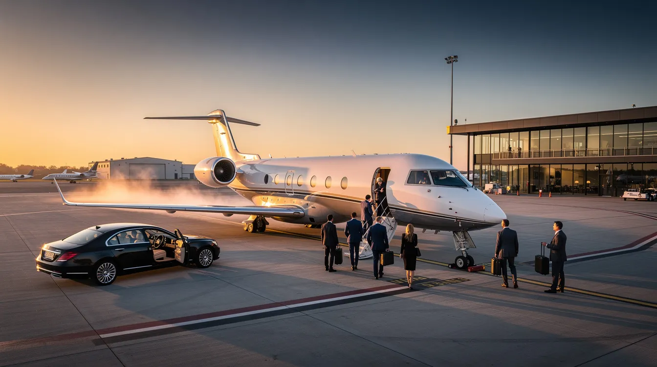 The image depicts a sleek private jet ready for takeoff at a small airport, symbolizing the luxury and convenience of private aviation. This scene highlights the personalized travel experience offered by private jet charters, allowing travelers to bypass crowded terminals and enjoy direct flights to their desired destinations.