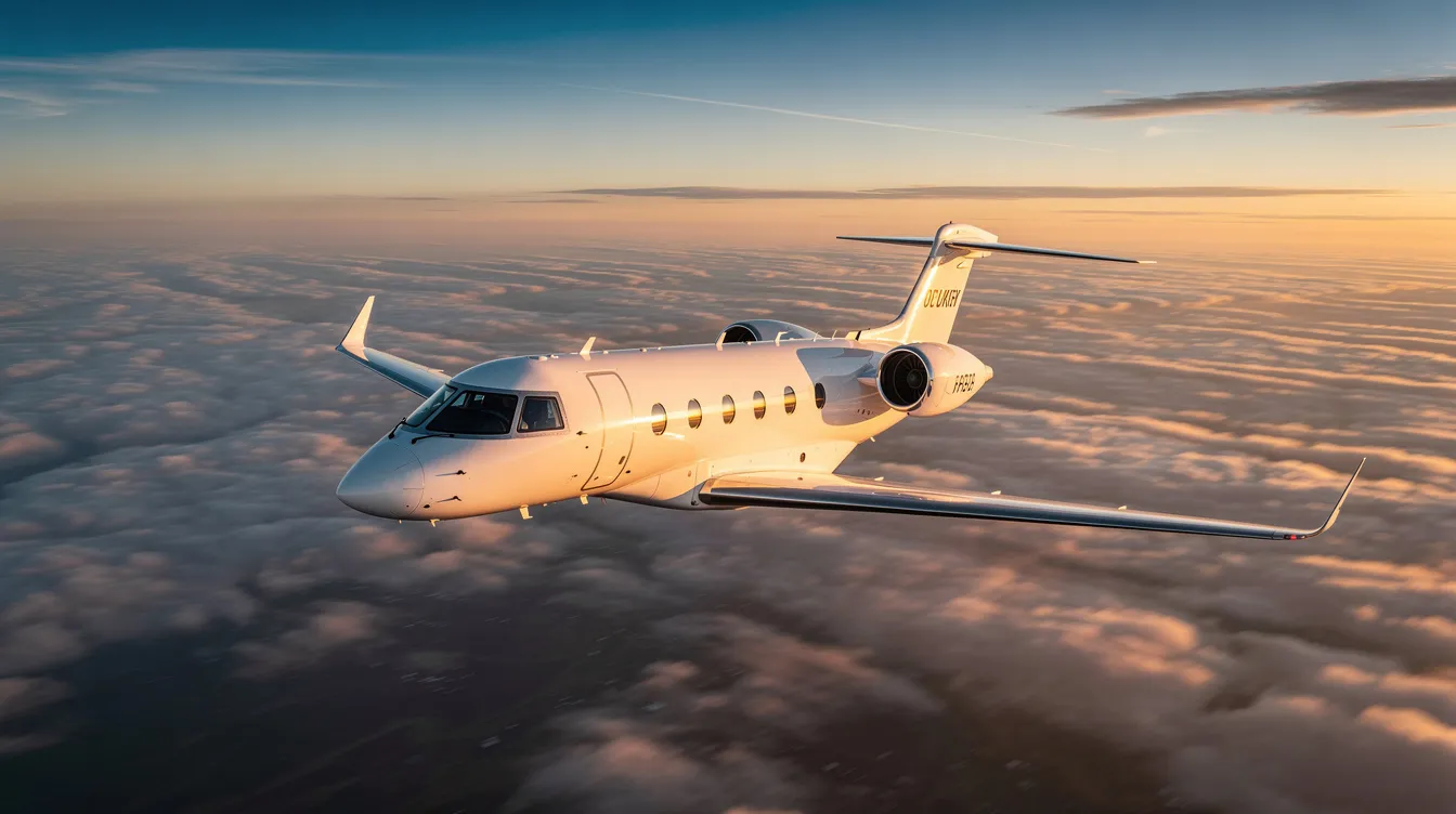 The image showcases a sleek private jet on the tarmac, symbolizing the luxury and convenience of private jet travel. With a focus on personalized service, this private jet charter offers travelers a seamless experience, avoiding crowded terminals and providing access to smaller airports for direct flights to major cities.