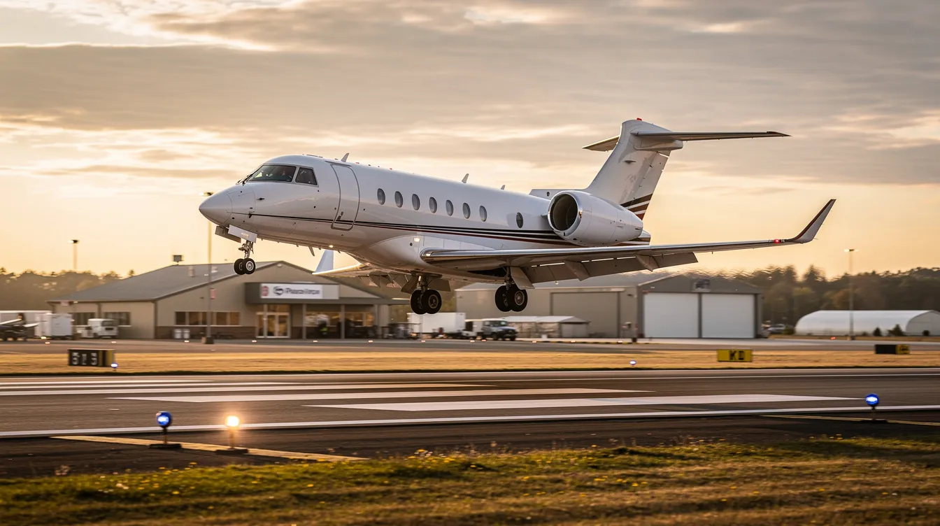 A small private jet, specifically a Cessna 560 Citation, is taking off from a regional airport runway, showcasing its sleek design and powerful engines. The aircraft is poised for flight, demonstrating its capability as a business jet suitable for carrying up to eight passengers.
