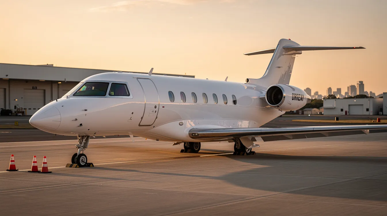 A Cessna 560 Citation V is parked on a quiet executive airport apron, showcasing its sleek design and compact size typical of small business jets. The aircraft is ready for its next flight, with a spacious passenger cabin designed to comfortably accommodate up to eight passengers.
