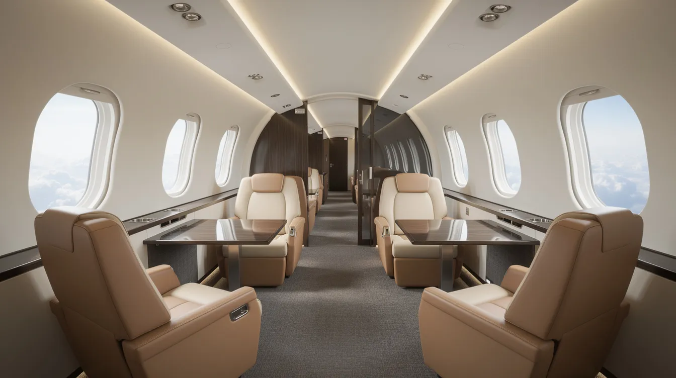 The image depicts a modern private jet cabin featuring luxurious leather seating and large oval windows, designed to comfortably accommodate up to eight passengers. This elegant interior exemplifies the high standards of business jets like the Cessna 560 Citation, offering a spacious and sophisticated environment for travelers.