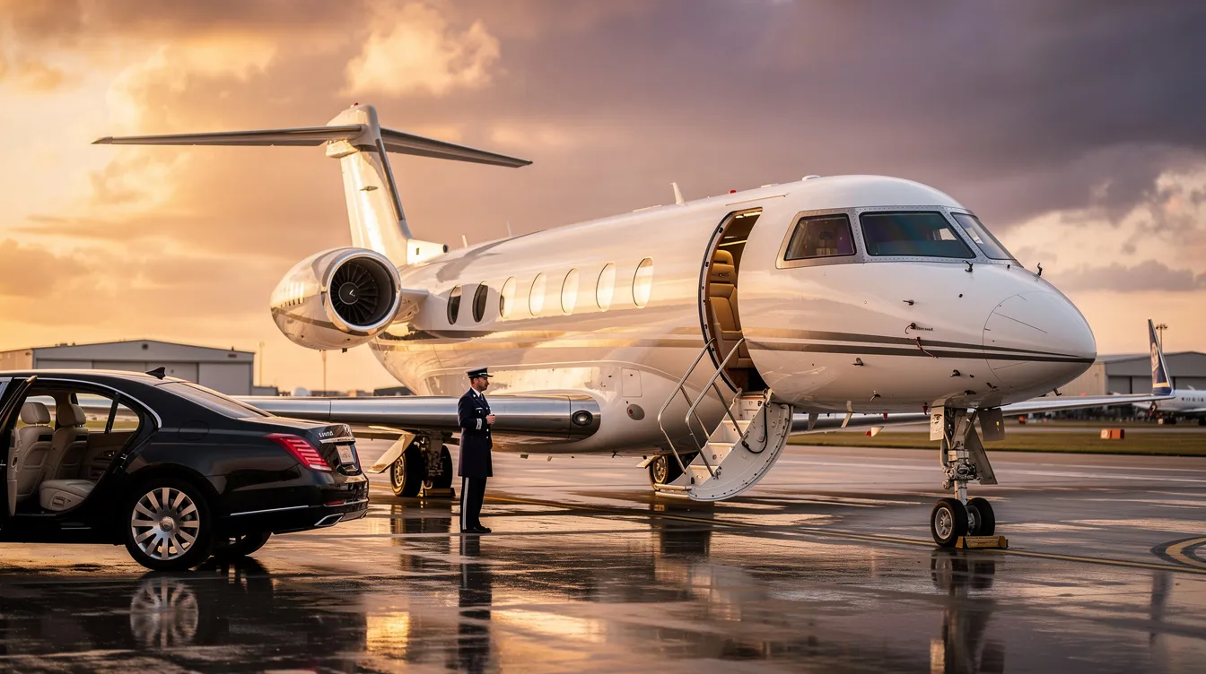 The image showcases a sleek Embraer Phenom 300 light jet, designed for private aviation with a spacious cabin that comfortably accommodates passengers and their golf bags. It features advanced flight management systems and entertainment systems, highlighting its capabilities for single pilot operation and high-speed cruise performance.