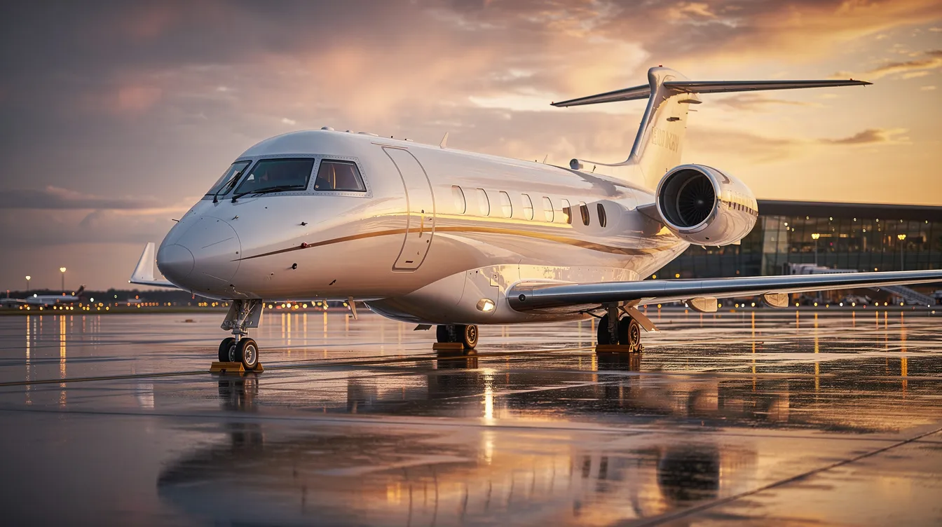 The image features a sleek Embraer Phenom 300 light jet, showcasing its elegant design and spacious cabin equipped with modern entertainment systems. This private jet, designed for single pilot operation, is ready for flight, emphasizing performance and comfort for passengers with ample room for luggage, including golf bags.