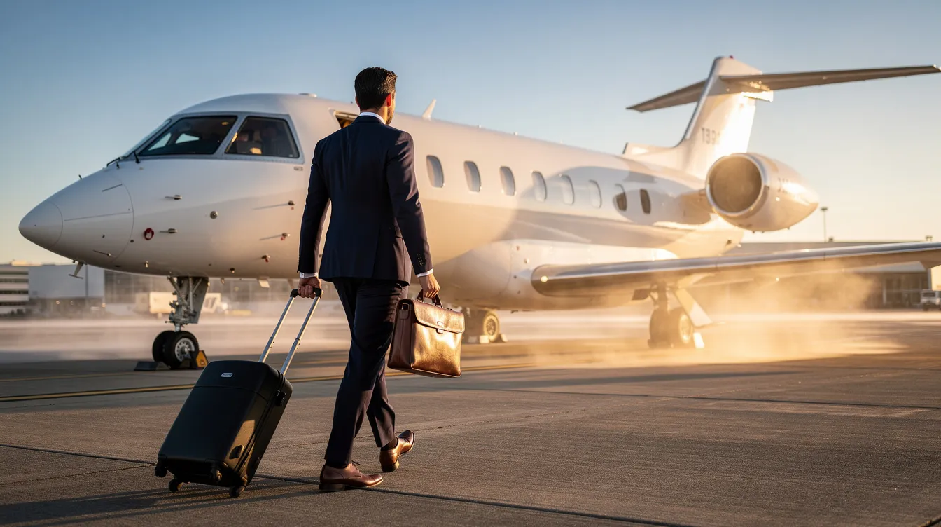 A business traveler confidently walks towards a sleek private aircraft on a clear morning, ready for their next trip. The scene captures the essence of air travel, emphasizing the importance of smart booking strategies for finding cheap flights and securing the best deals.
