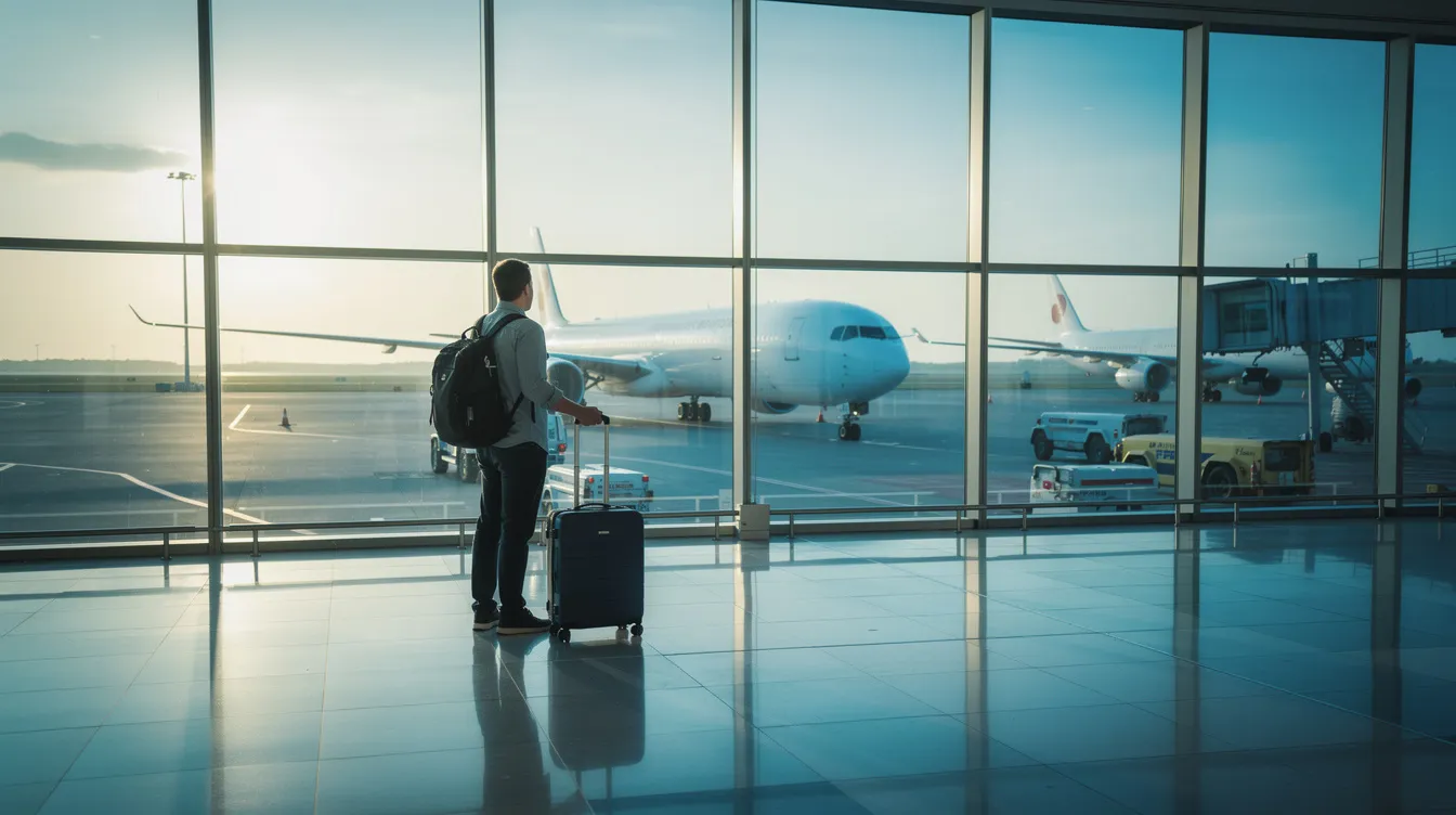 A traveler stands by an airport window, gazing out at several aircraft lined up on the runway, contemplating their next trip. This moment captures the anticipation of air travel, where securing the best flight deals and tracking prices can lead to affordable flights for both domestic and international destinations.