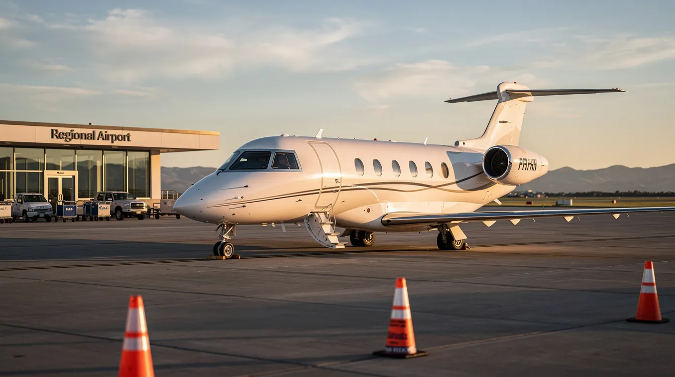 A small private jet is parked beside a quiet regional airport terminal, highlighting the serene environment often preferred by business travelers. This setting suggests a focus on affordable flights and smart booking strategies for those looking to save money on their next trip.