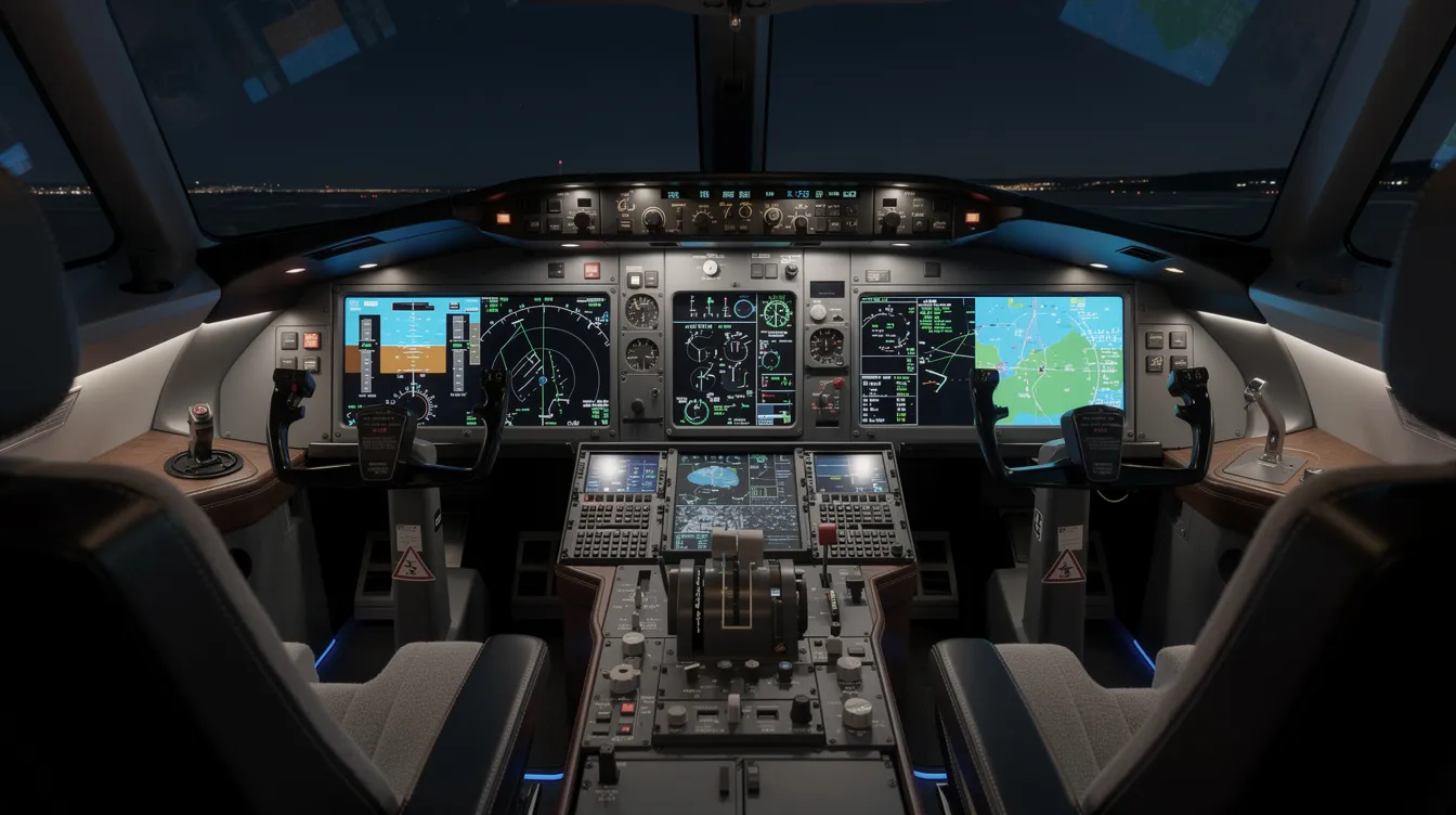 The image depicts a modern private jet cockpit, specifically designed for the Cessna Citation Longitude, featuring illuminated avionics screens and a spacious layout that enhances crew comfort. This advanced flight deck is equipped with synthetic vision technology and fully integrated autothrottles, showcasing the jet's best-in-class performance and quietest cabin in its class.