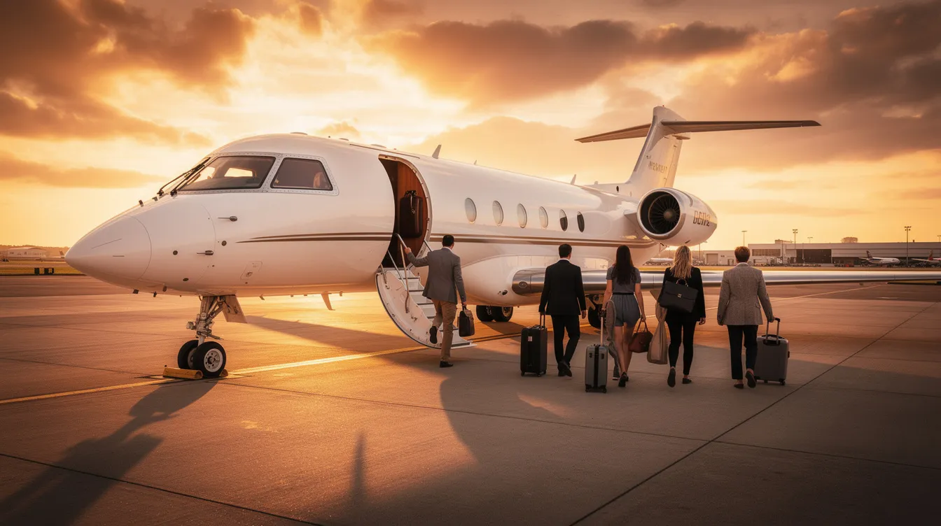 A Cessna Citation Longitude private jet is parked near a runway at sunset, with travelers boarding the spacious cabin featuring double club seating and the quietest cabin in its class. The scene captures the elegance of the aircraft, known for its transatlantic range and best-in-class legroom, as passengers prepare for their flight.