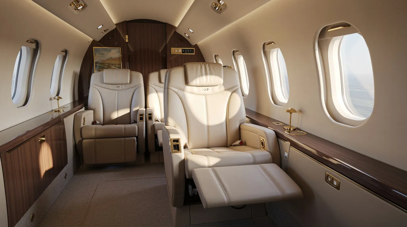 The image depicts the spacious cabin of a Cessna Citation Longitude, featuring reclining seats and soft daylight filtering through the windows, creating a tranquil atmosphere. This super midsize business jet is designed with a flat floor and best-in-class legroom, making it one of the quietest cabins in its class.