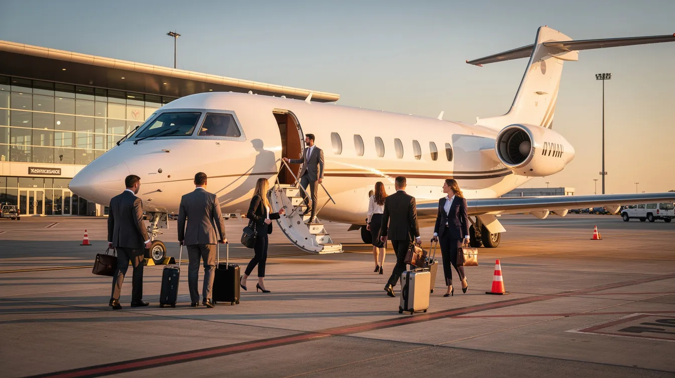 A group of business executives is boarding a luxurious private jet near an airport terminal, preparing for a long-duration flight. The spacious cabin of the business jet is designed for passenger comfort, showcasing the high standards of the business aviation industry.