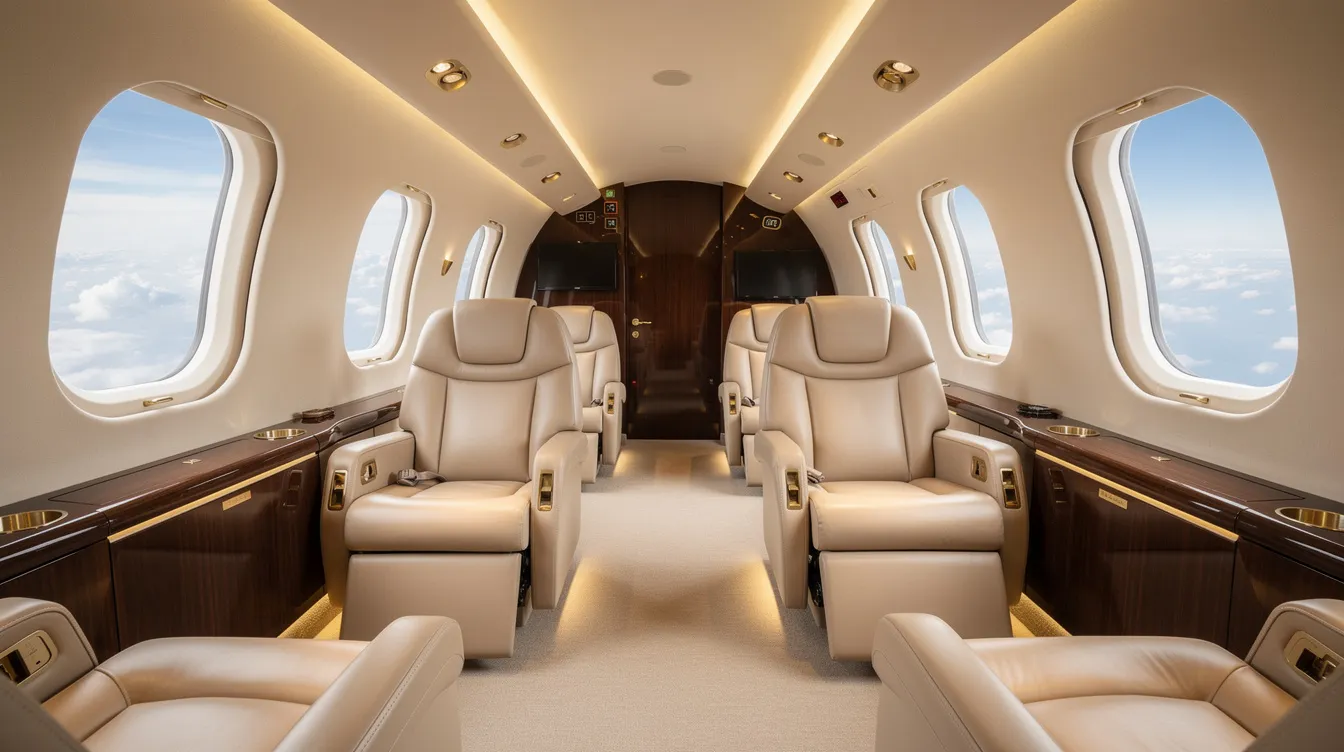 The image depicts a luxurious private jet cabin featuring spacious seating areas and large windows that offer stunning views. This elegant interior is designed for passenger comfort and is suitable for business executives looking to travel in style and efficiency.