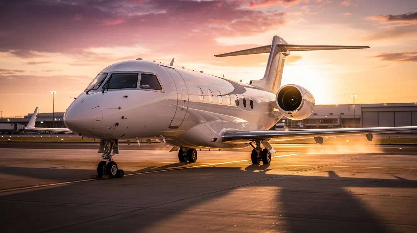 A large private jet sits on an airport ramp at sunset, showcasing its sleek design and spacious cabin, ideal for business executives. The vibrant colors of the sunset reflect off the aircraft, emphasizing its luxury and long-range capabilities in the business aviation industry.