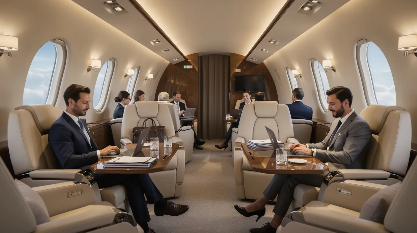 The image depicts executive travelers comfortably seated in the spacious cabin of a Bombardier Challenger 600 business jet, showcasing the aircraft's wide cabin design and luxurious interior. The cabin features foldaway tables and ample space for storing hand luggage, making it an ideal choice for corporate flight departments and government officials.
